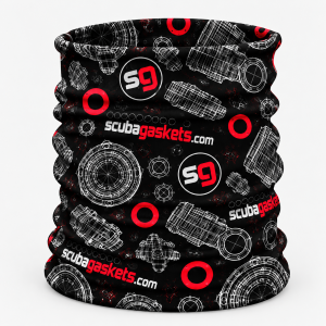 ScubaGaskets Regulator Blueprint neck gaiter in black with white scuba regulator drawings and red O-ring graphics