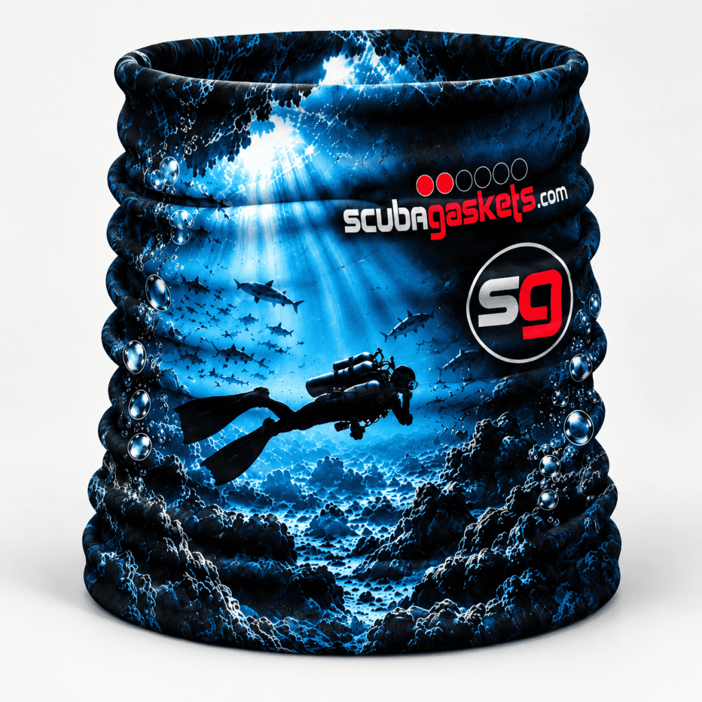 ScubaGaskets underwater cave neck gaiter with blue scuba diver design