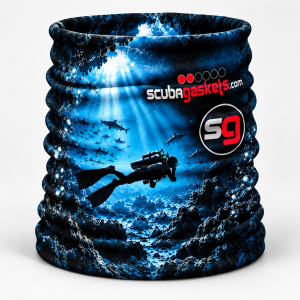ScubaGaskets underwater cave neck gaiter with blue scuba diver design
