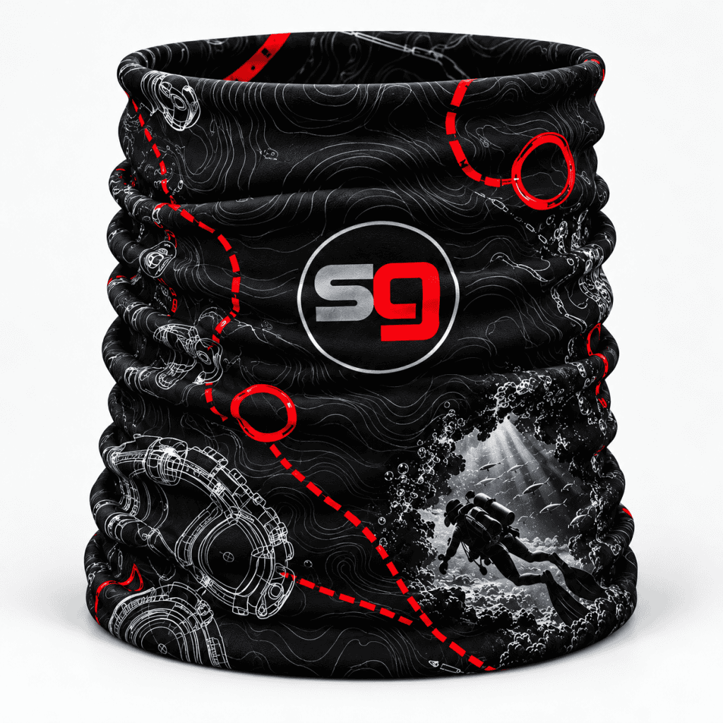 ScubaGaskets Technical Explorer neck gaiter in black and red with SG logo, scuba equipment drawings and underwater cave diver