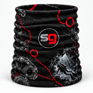 ScubaGaskets Technical Explorer neck gaiter in black and red with SG logo, scuba equipment drawings and underwater cave diver
